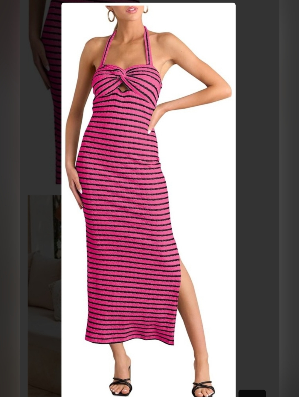 Pink & Black Knit  Striped Halter Maxi Dress, Small